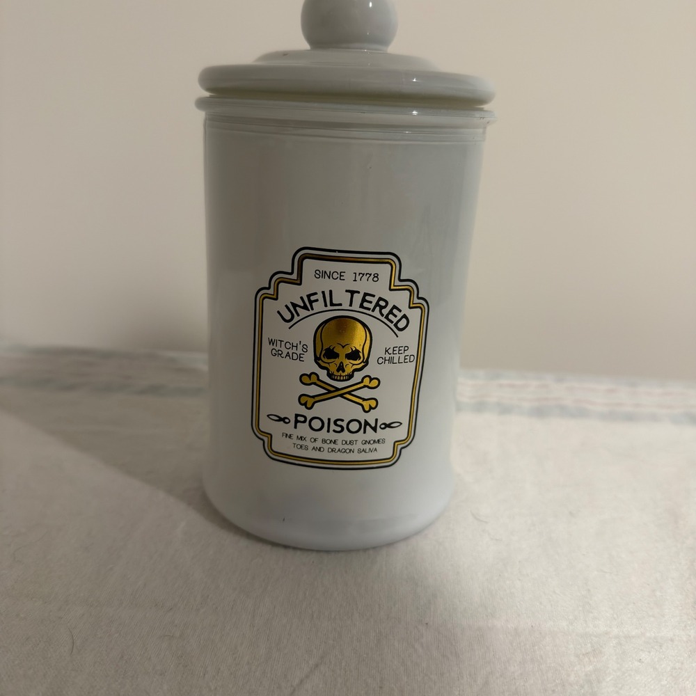 White Ceramic Unfiltered Poison Apothecary Jar Halloween Decor Skull Lid